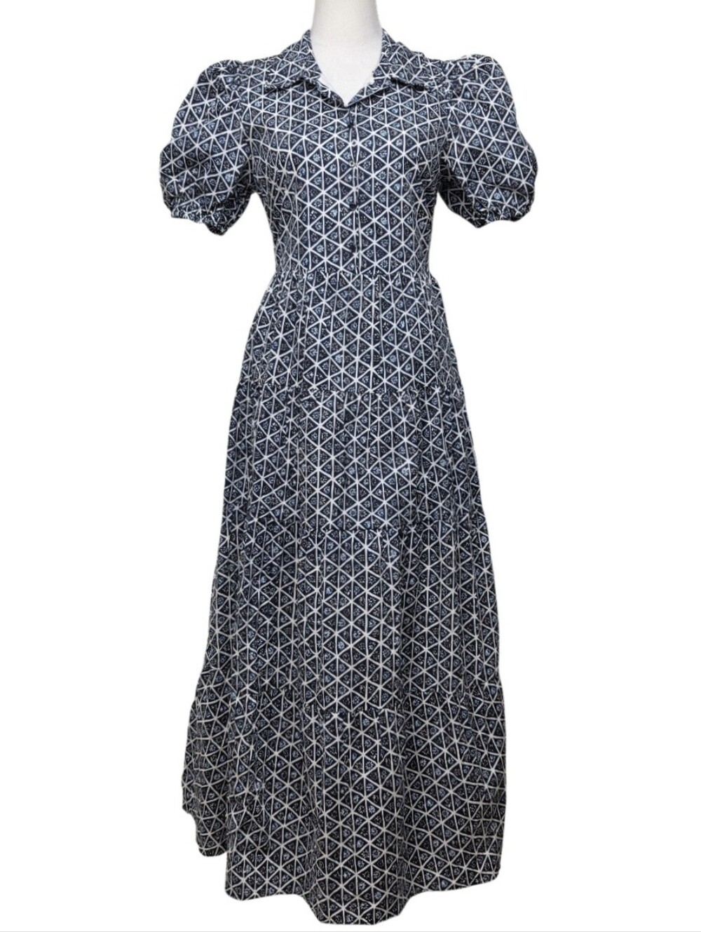 English Factory Navy and White Geometric Midi Tiered Shirt Dress Size Large